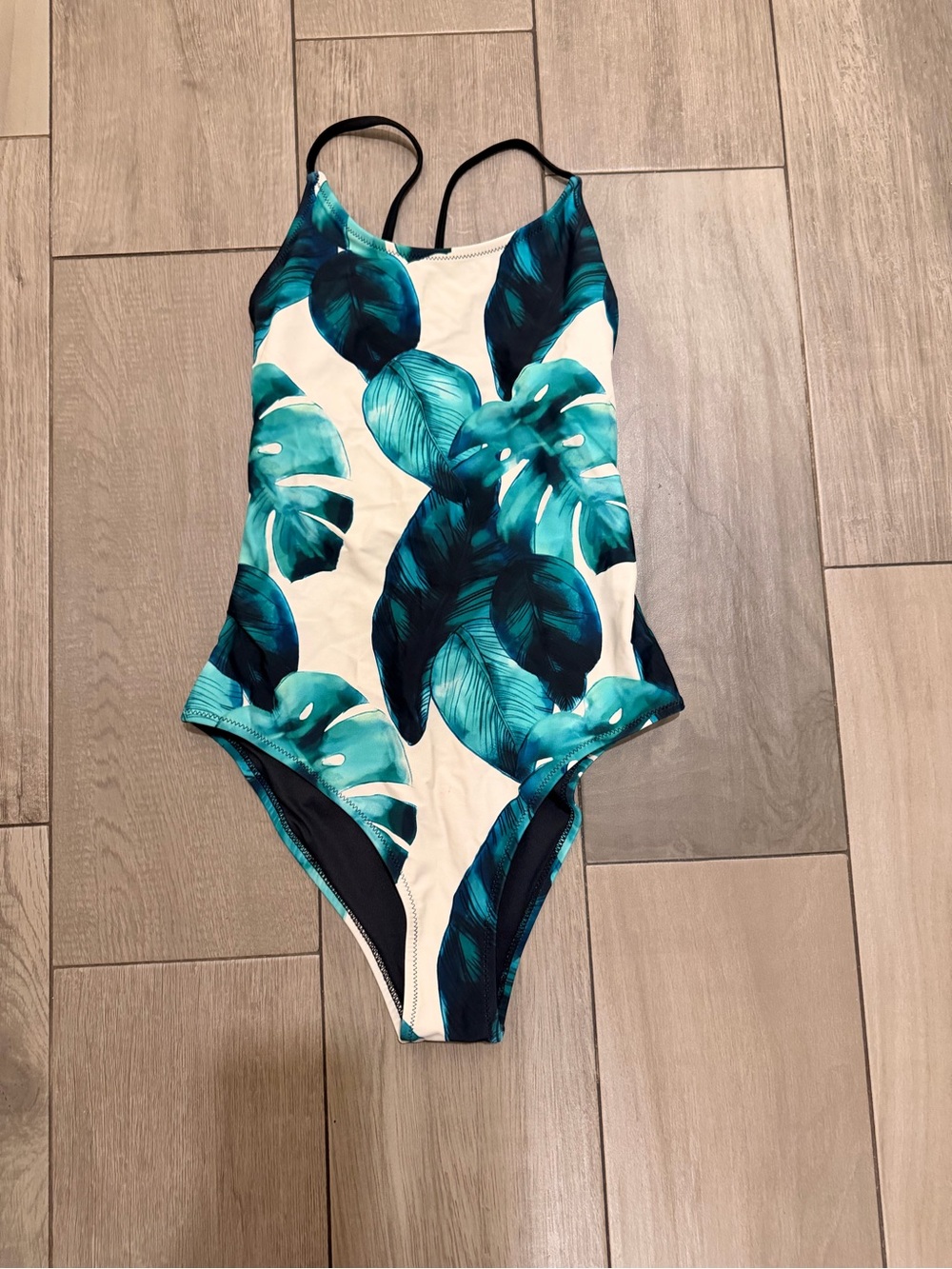 🌴 Teal & White Tropical Leaf One-Piece Swimsuit